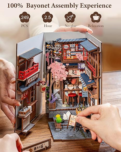 Rolife DIY Book Nook Kits for Adults, Miniature Dollhouse Booknook Kit, 3D Wooden Puzzle Creative Decorative Bookends Bookshelf Diorama Insert Crafts Hobbies Gifts (Sakura Wine Alley)