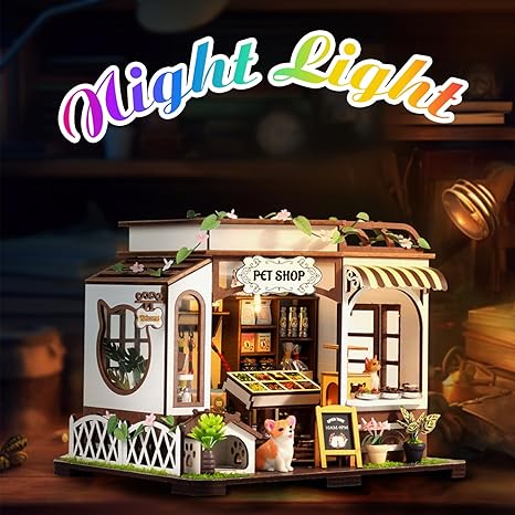 DIY Miniature House Kit,Tiny House Pet Shop with Furniture & LED,DIY Dollhouse Miniature Kit for Adults Teen,Mini House Building kit,3D Wooden Craft Mini Model Kit,Birthday Gifts Home Decor