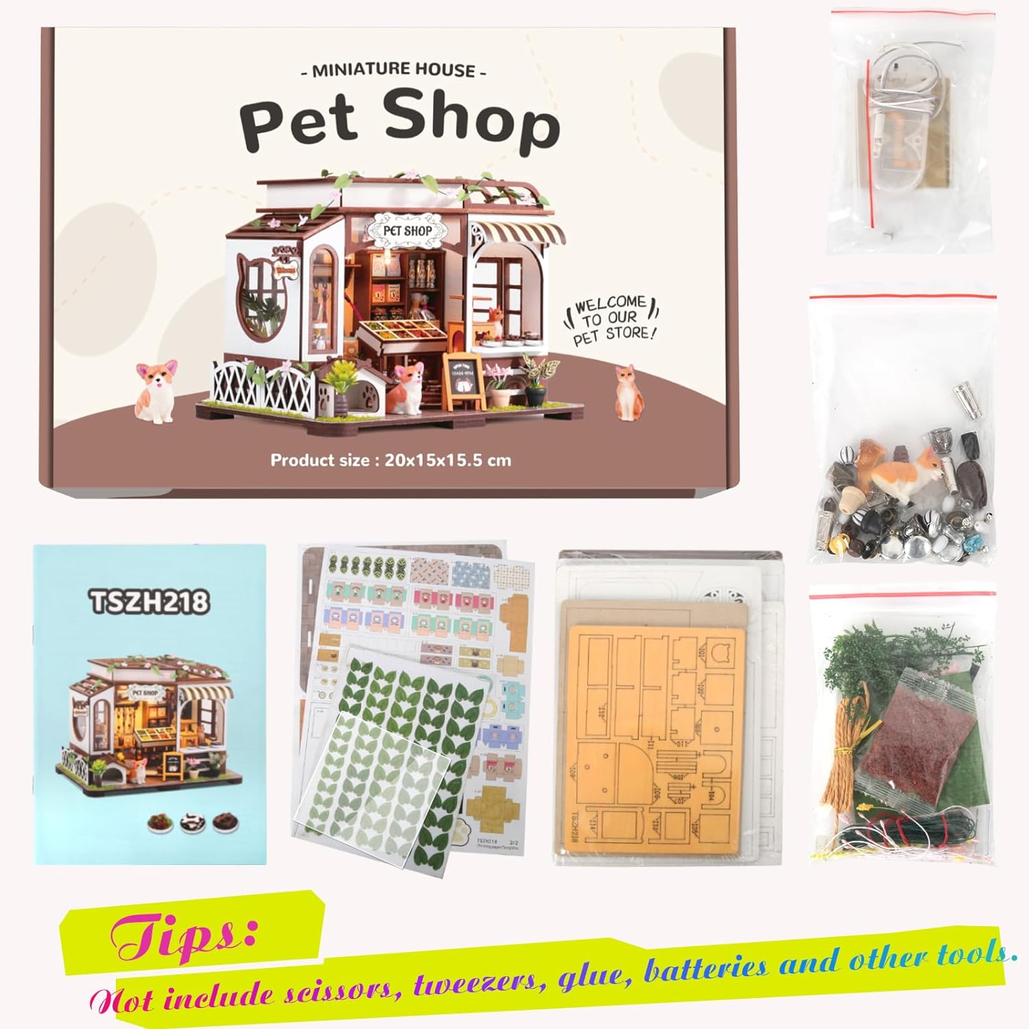 DIY Miniature House Kit,Tiny House Pet Shop with Furniture & LED,DIY Dollhouse Miniature Kit for Adults Teen,Mini House Building kit,3D Wooden Craft Mini Model Kit,Birthday Gifts Home Decor