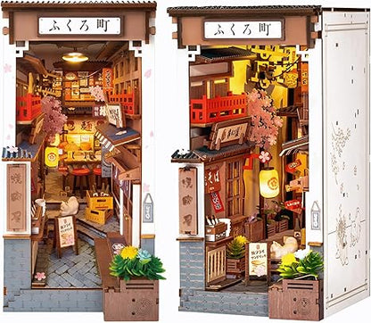 Rolife DIY Book Nook Kits for Adults, Miniature Dollhouse Booknook Kit, 3D Wooden Puzzle Creative Decorative Bookends Bookshelf Diorama Insert Crafts Hobbies Gifts (Sakura Wine Alley)