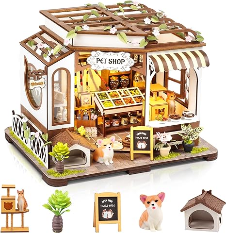 DIY Miniature House Kit,Tiny House Pet Shop with Furniture & LED,DIY Dollhouse Miniature Kit for Adults Teen,Mini House Building kit,3D Wooden Craft Mini Model Kit,Birthday Gifts Home Decor