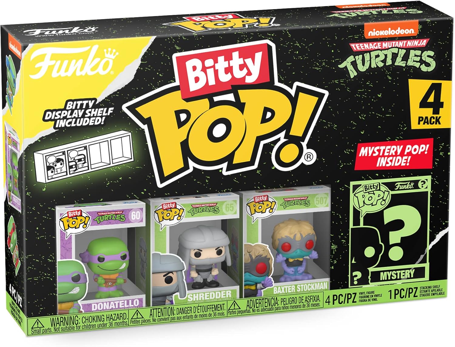 Funko Bitty Pop! Teenage Mutant Ninja Turtles (TMNT) - Donatello, Shredder, Baxter Stockman, & Surprise Mystery Figure - 0.9 Inch (2.2 Cm) Collectable - Stackable Display Shelf Included - Gift Idea