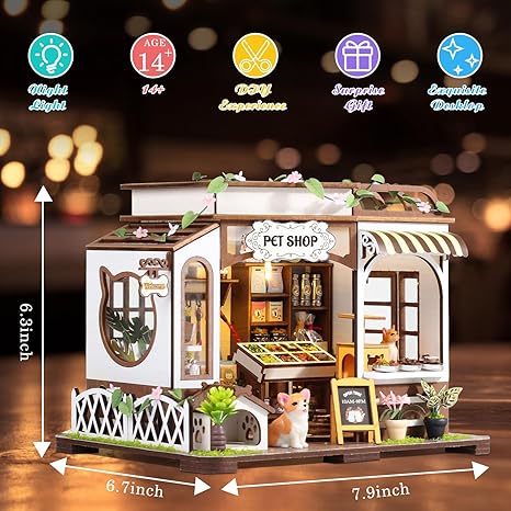 DIY Miniature House Kit,Tiny House Pet Shop with Furniture & LED,DIY Dollhouse Miniature Kit for Adults Teen,Mini House Building kit,3D Wooden Craft Mini Model Kit,Birthday Gifts Home Decor