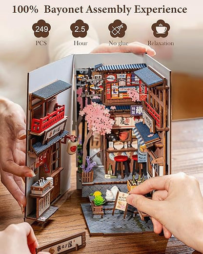 Rolife DIY Book Nook Kits for Adults, Miniature Dollhouse Booknook Kit, 3D Wooden Puzzle Creative Decorative Bookends Bookshelf Diorama Insert Crafts Hobbies Gifts (Sakura Wine Alley)