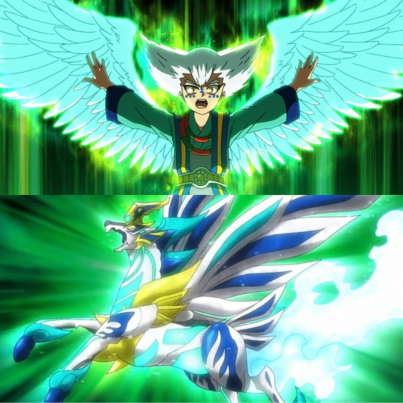 Heaven Pegasus.10P.Lw Sen spinning in intense Beyblade battle arena