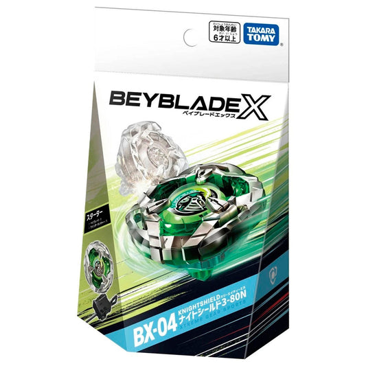 Close-up of Knight Shield 3-80N Beyblade in BX-04 starter