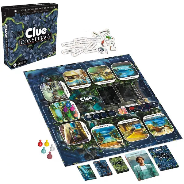 Top view of Clue Conspiracy gameboard with tropical resort map