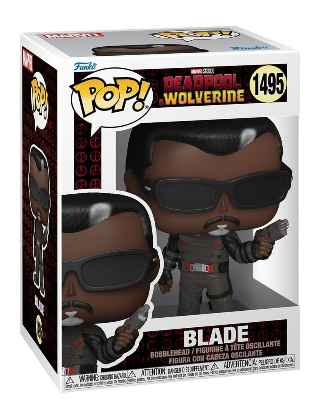 Deadpool & Wolverine Blade Funko Pop #1495 front view with sunglasses and sword