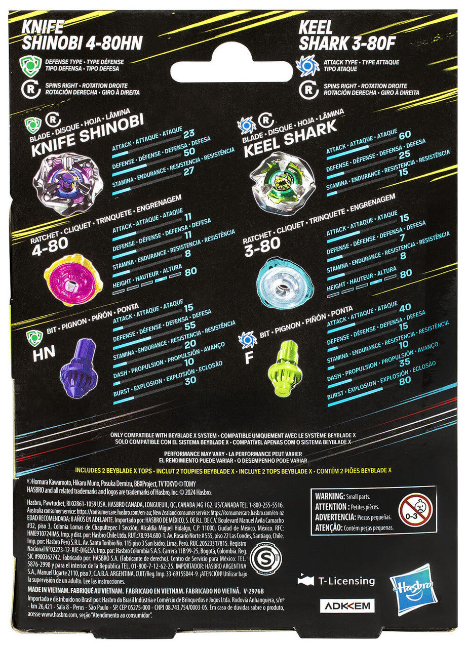 Beyblade X Knife Shinobi and Keel Shark Dual Pack in Takara Tomy packaging