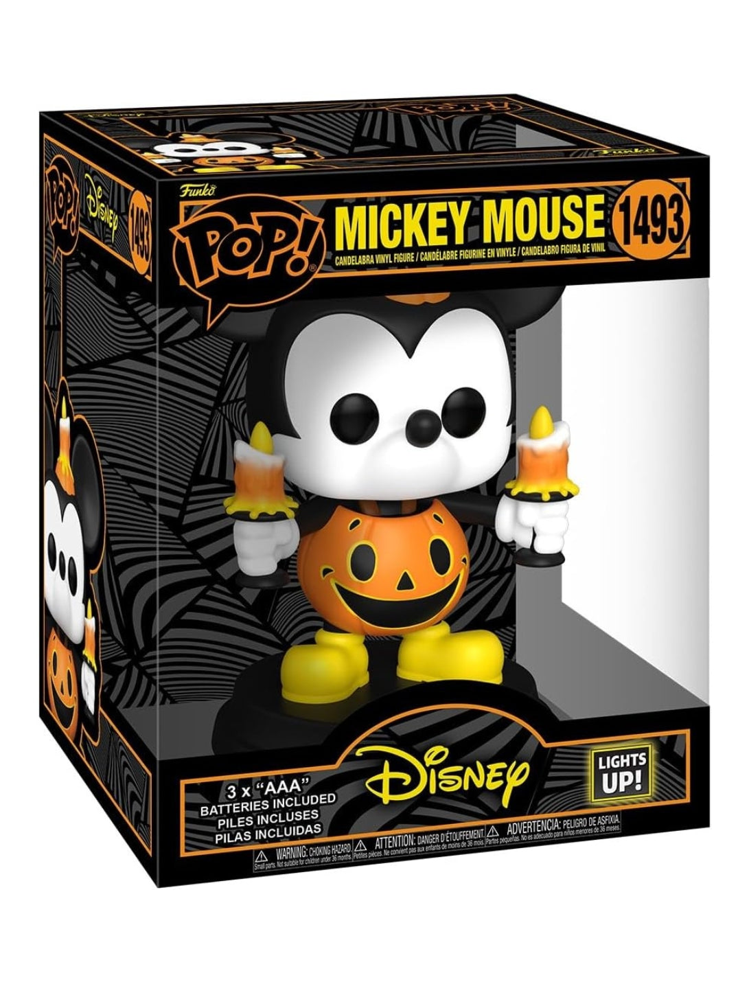 Mickey Mouse Halloween Light-Up Super Funko Pop #1493 front view with jack-o-lantern costume