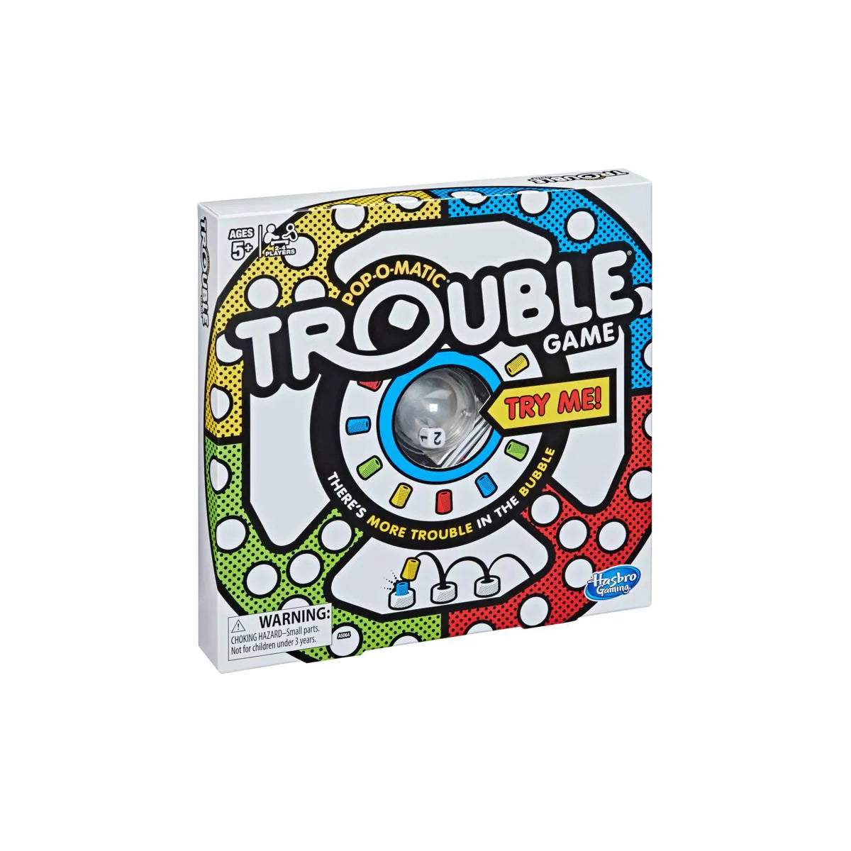 Trouble board game front view with Pop-O-Matic bubble and pegs