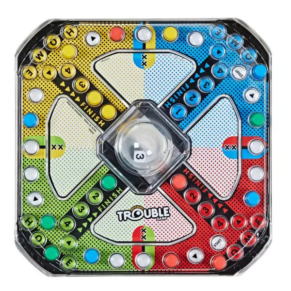 Top view of Trouble board game gameboard with colorful peg paths